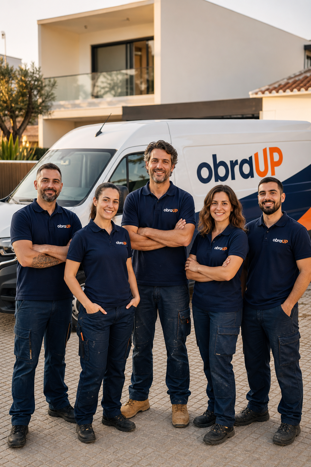 Equipa de cinco profissionais obraUP em frente à carrinha da empresa